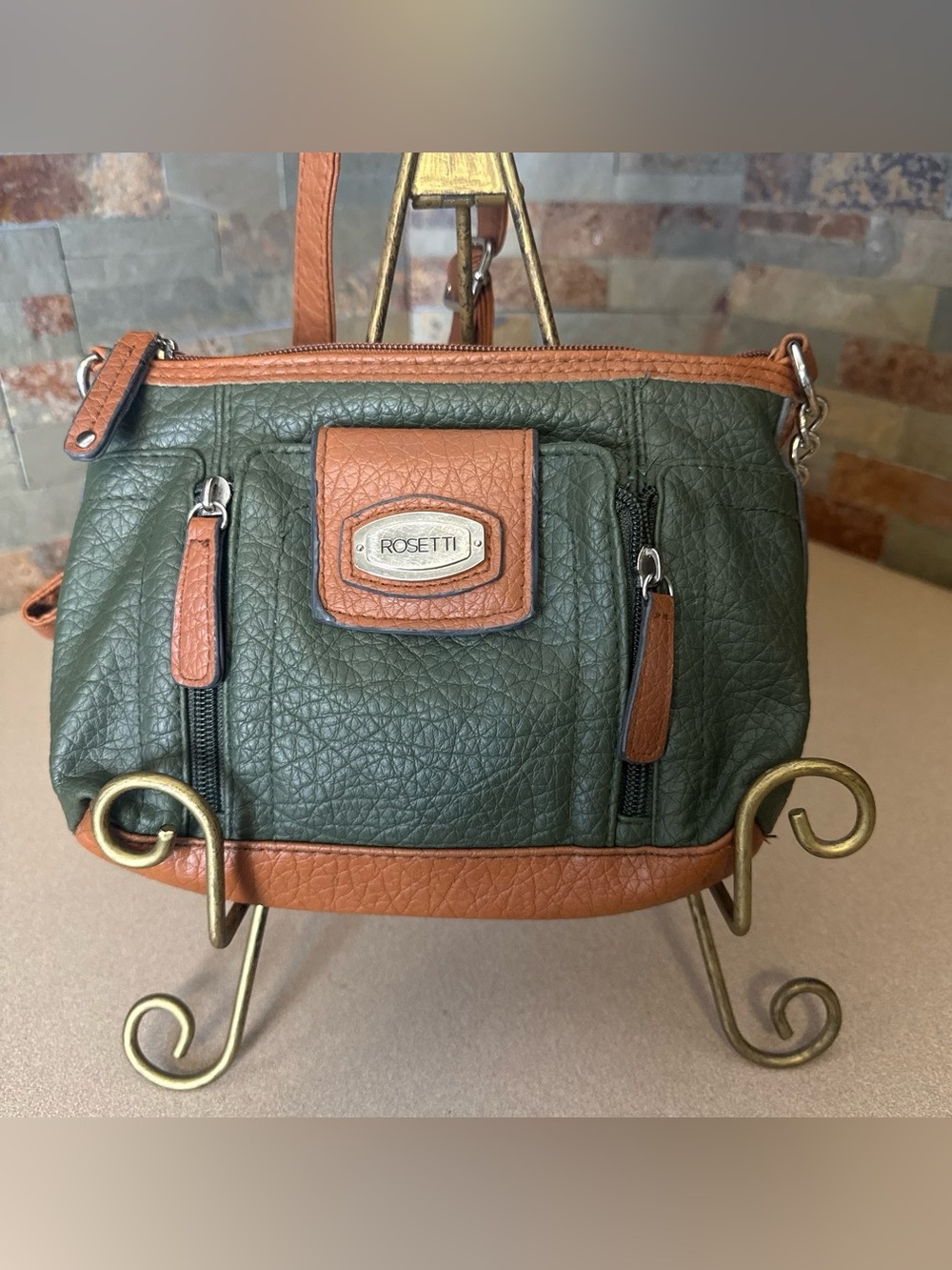 Rosetti Green & Brown Faux Leather Multi-Pocket Crossbody Bag
